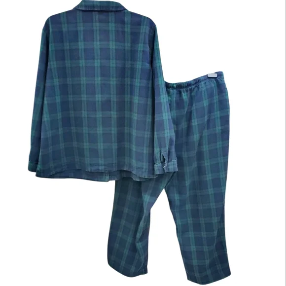 LL Bean flannel pajamas women's XL petite green and blue Scotch plaid pockets - Picture 3 of 16